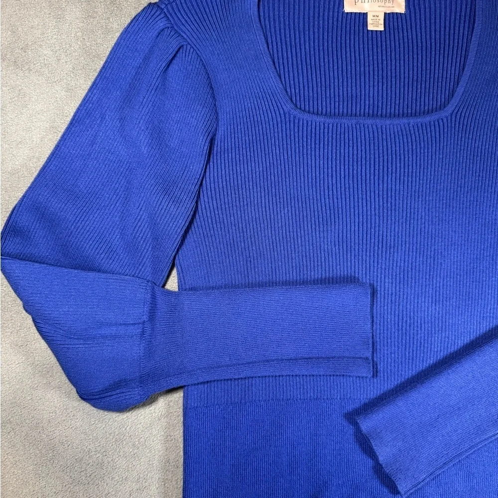 Philosophy Ribbed Royal Blue Sweater Shirt with Puffy Sleeves - Picture 2 of 12